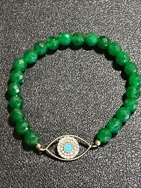 6mm Faceted Green Gemstone Evil Eye Protection Stretch Bracelet Gold-Tone